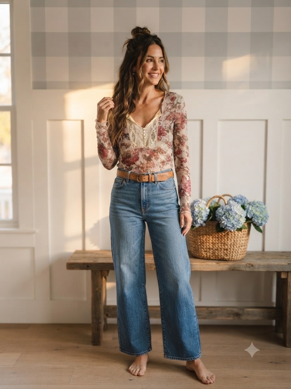 Denim & Supply Ralph Lauren Floral Lace-Trim Long Sleeve Top in Rose and Cream L